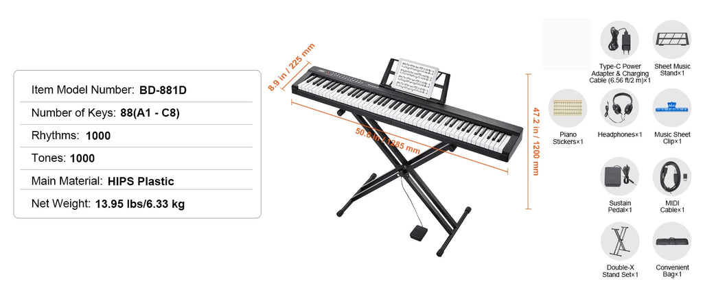 SucceBuy 88 Key Digital Piano Keyboard Semi Weighted Keys Full Size Electric Portable Keyboard Piano Set 1000Tones for Beginners
