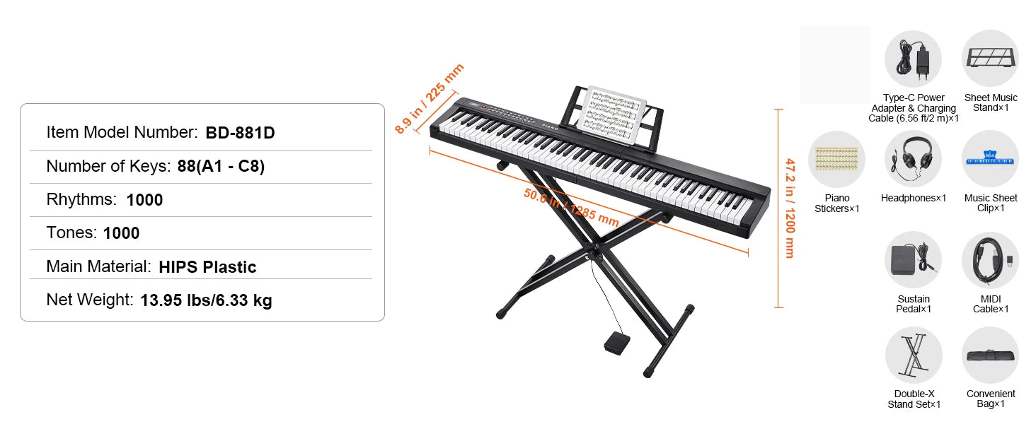 SucceBuy 88 Key Digital Piano Keyboard Semi Weighted Keys Full Size Electric Portable Keyboard Piano Set 1000Tones for Beginners