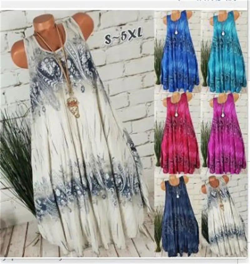 Women Dresses 2026 Summer fashion floral digital printed sleeveless mid calf dresses women's clothing vestidoes