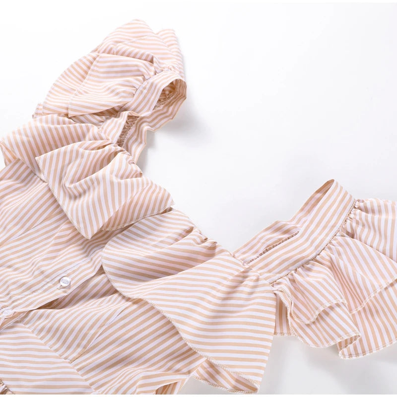 Fashionable Striped Ruffle Pleated Women's Dress Elegant Solid Square Neck Single Button Dresses Female Summer Chic Casual