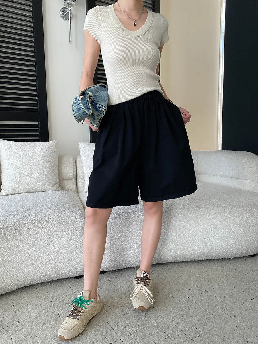 Summer women's relaxed loose wide leg A-line casual shorts versatile