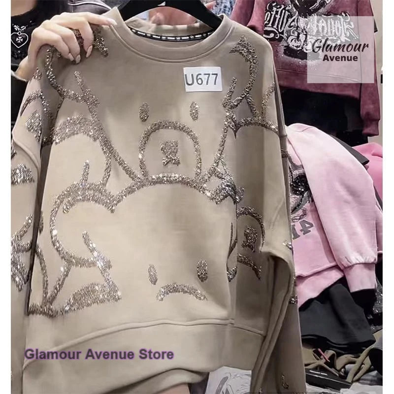 French style round neck heavy industry sequined long-sleeved sweater female autumn new fashion casual cute bear slim loose top.