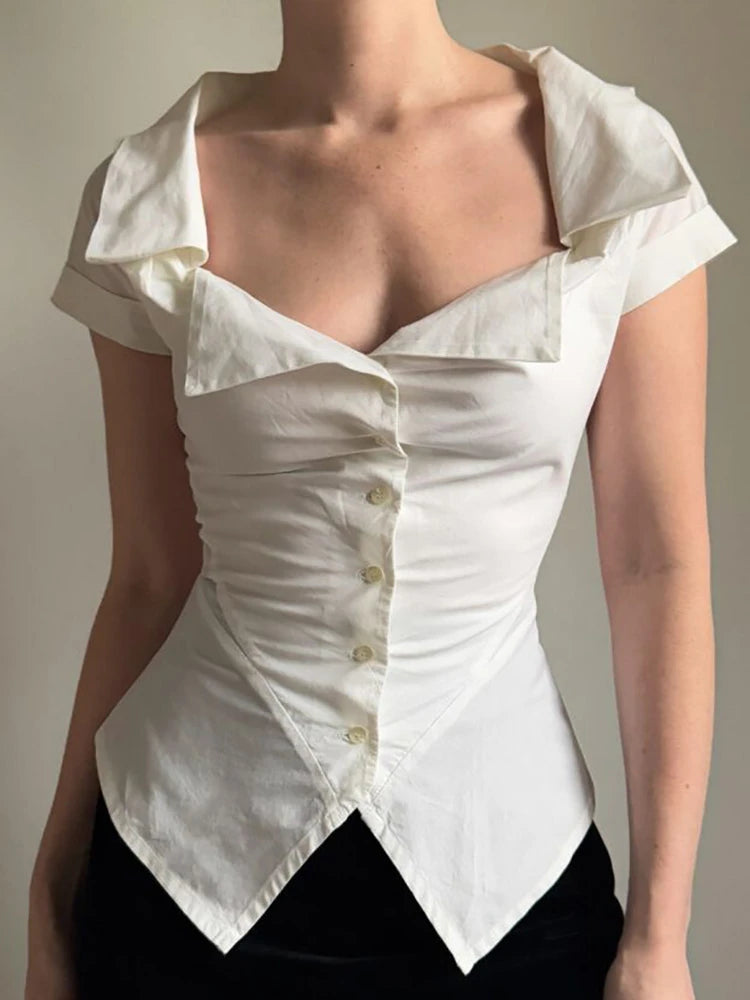 Lady's Y2K white fitted shirt with collarless design minimalist high street style irregular pointed hem retro 90s streetwear