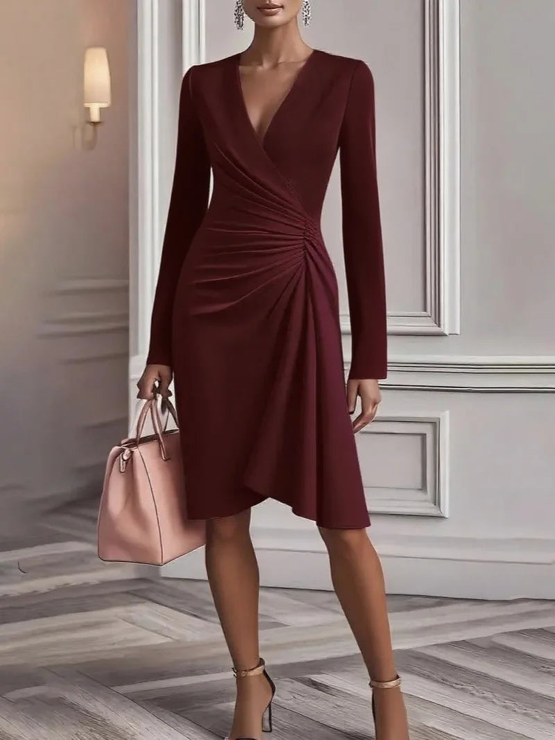 Women Long Sleeve V Neck Ruched Wrap Midi Dress Elegant Office Lady Bodycon Cocktail Party Sheath Dress