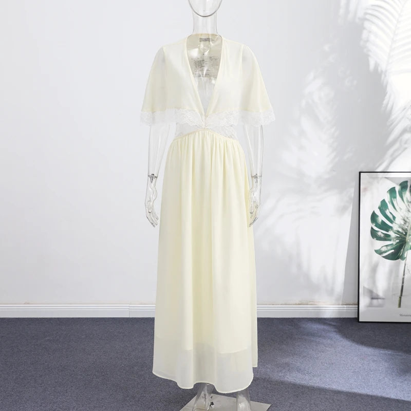 Lightweight Chiffon V-Neck Lace Insert Waist Maxi Dress Cutout Puff Sleeve 2026 Summer Women Party Dress Trendy Chic Lady Outfit