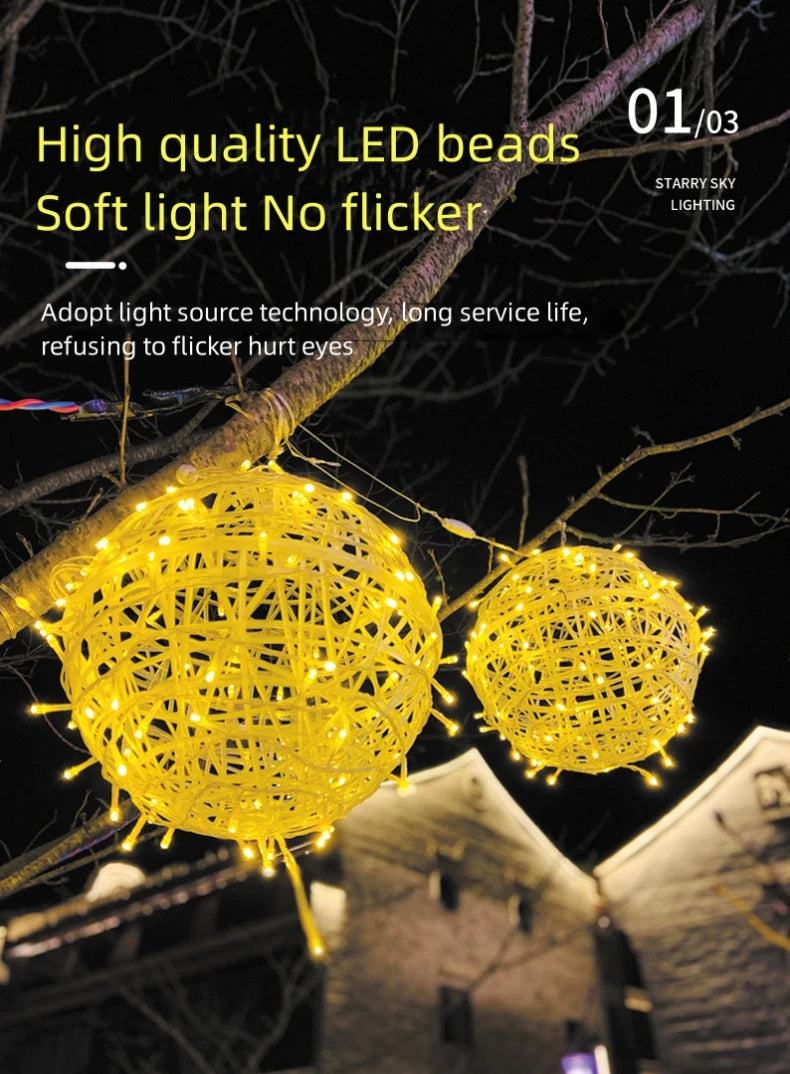 LED Light Christmas Festoon Rattan Ball Outdoor Hanging Fairy String for Yard Garden Tree Pendant Decoration