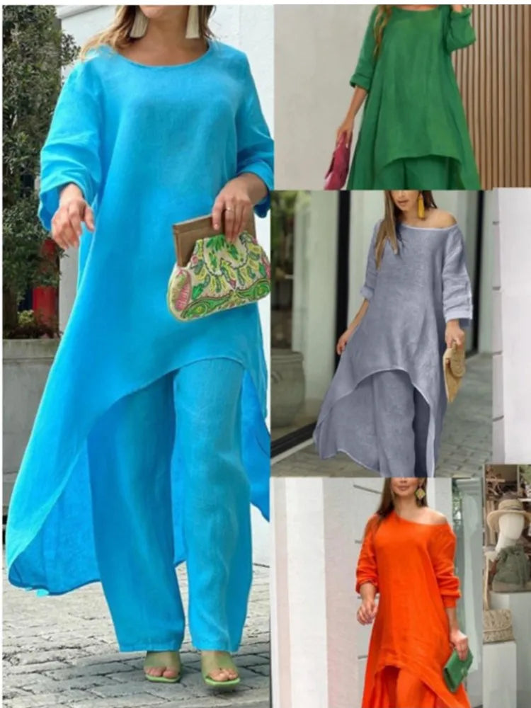 2025 Loose New In Matching Sets Two Piece Outfit 2 Pieces Set For Woman Solid Color Irregular Hem Long Sleeves Wide Legs Trouser