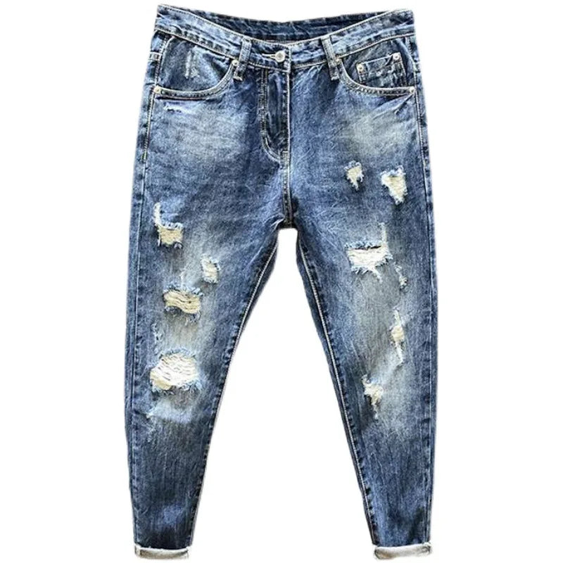 Nine-point jeans with holes for men's thin fashion brand slim feet in summer and summer Korean  style spring and autumn pants