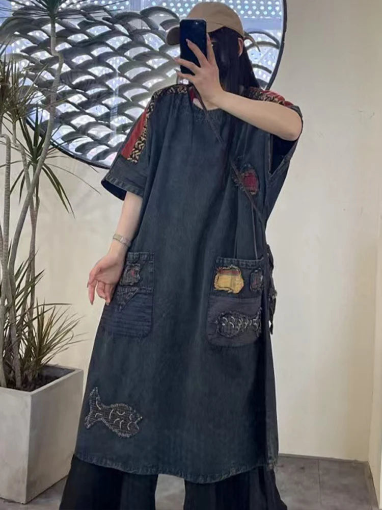 Amax LuluE Summer Chinese Womens Casual Embroidery Denim Dress Loose Cartoon O Neck Long Clothes Ladies Classic Vintage Vestidos