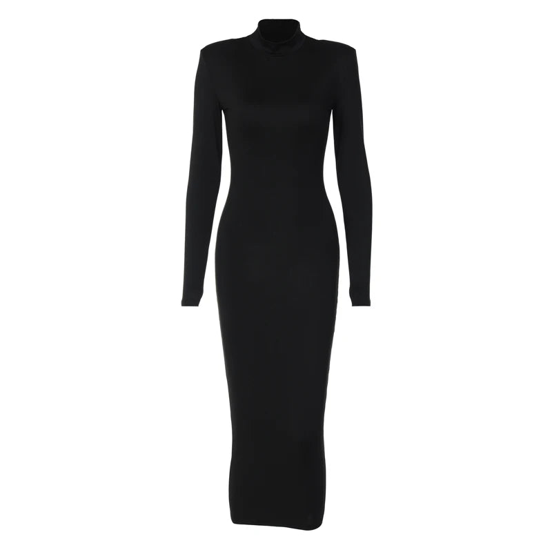 Hugcitar Women Fashion Turtleneck Long Sleeves Black Sexy Bodycon Maxi Prom Dress Fall Casual Clothes Streetwear Party Festival