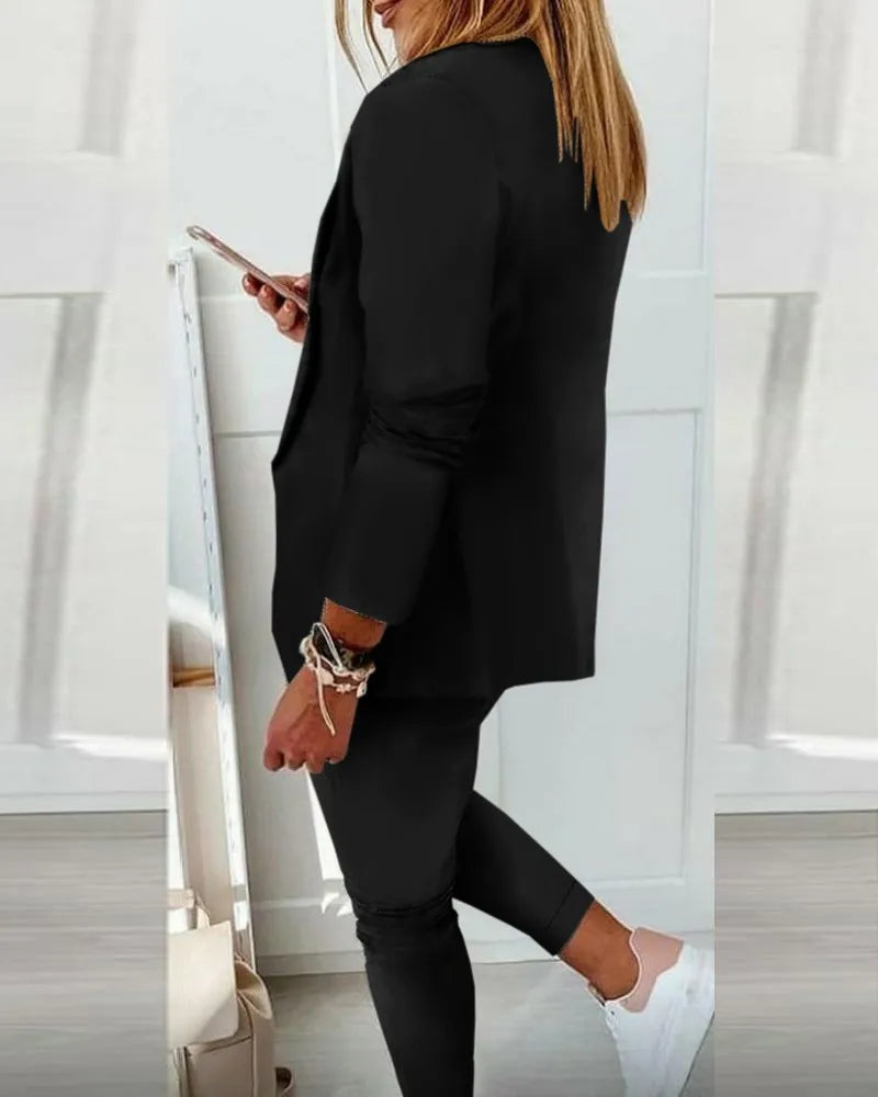 2024 Women's Two Piece Pant Suit Set Outfits Spring Autumn Turn Down Print Blazer Coat Drawstring Pants Suit Women Casual Sets