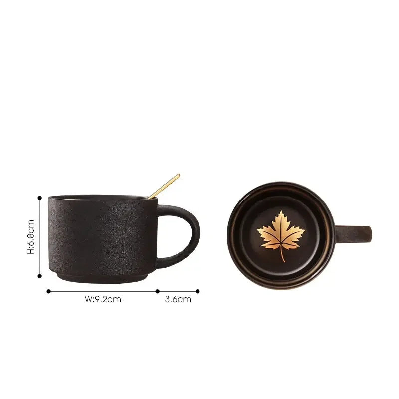 Nordic Black Ceramic Coffee Tea Cup creative coffee shop cups Frosted Porcelain Matte Mug Wood Saucer with Gold Steel Spoon mugs