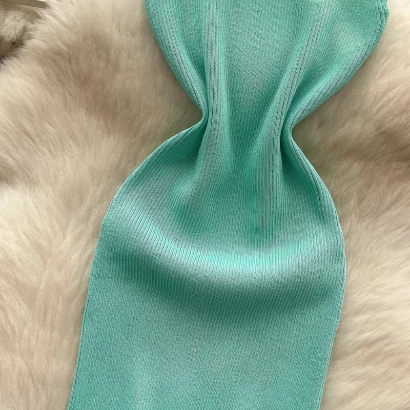 Women's Green Halter Neck Sundress Sleeveless Stretchy Ribbed Knit Bodycon Mini Dress Casual Summer Clubwear Short Dress Outfits