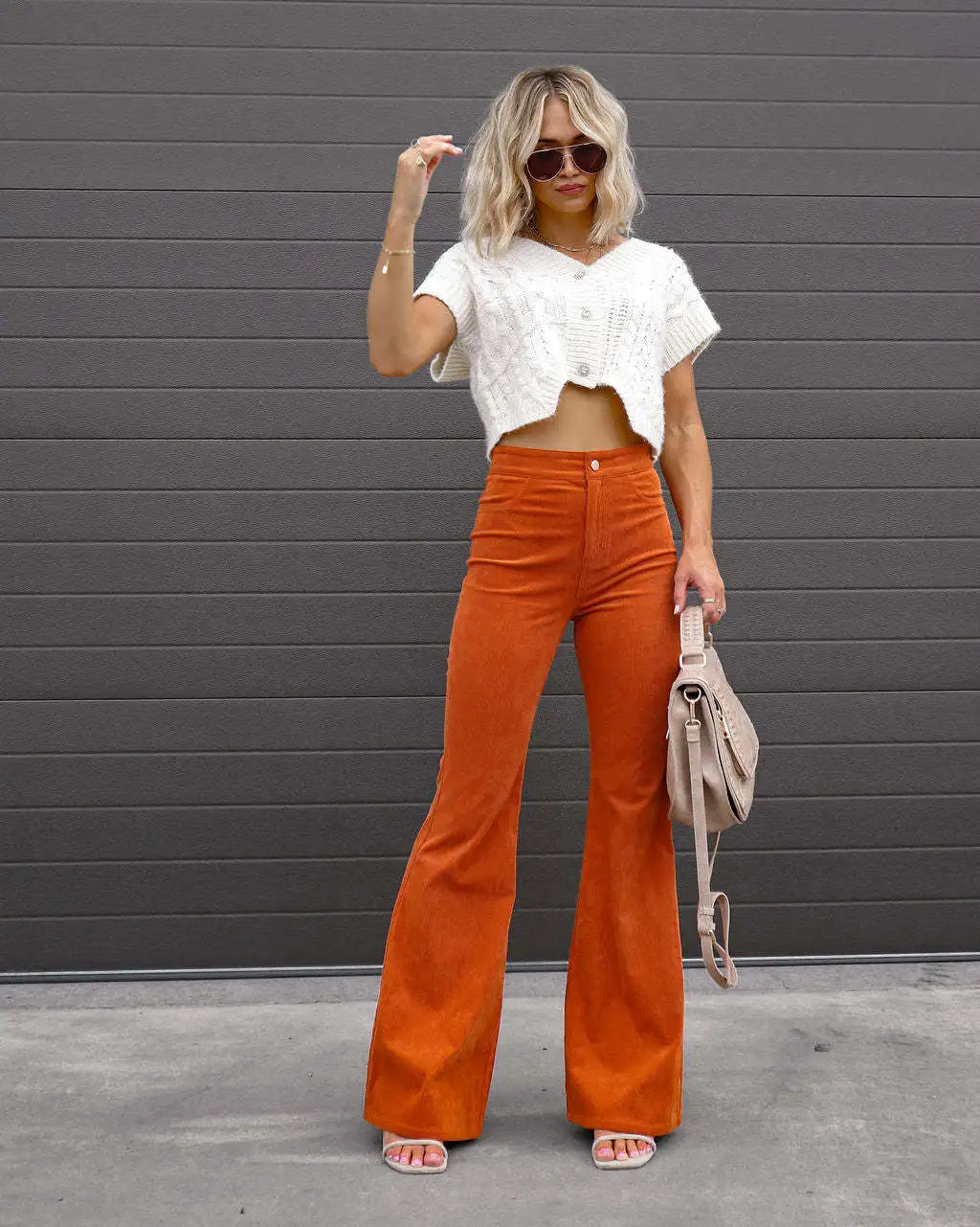 Fashionable Retro Women's Slightly Flared Pants Autumn And Winter Solid Color High Waist Button Slim Pants For Dating And Office