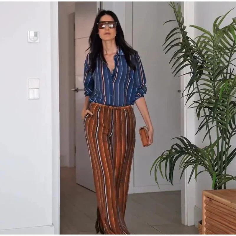 Vacation Geometric Printed Loose Pants Set Women Lapel Full Sleeve Pocket Shirts Wide Leg Pant Suits 2026 Autumn Street Outfit