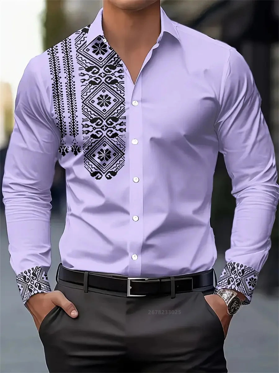 Men's shirt 3D printing retro ethnic style long-sleeved casual shirt high quality fashion lapel versatile top xs-6XL size