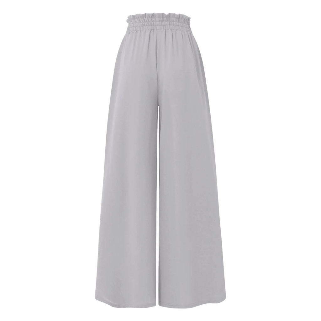 Women Casual Elastic Waist Wide Leg Pants Summer Elegant Drawstring Loose Straight Trouser Elegant Solid Pants Vacation Beach