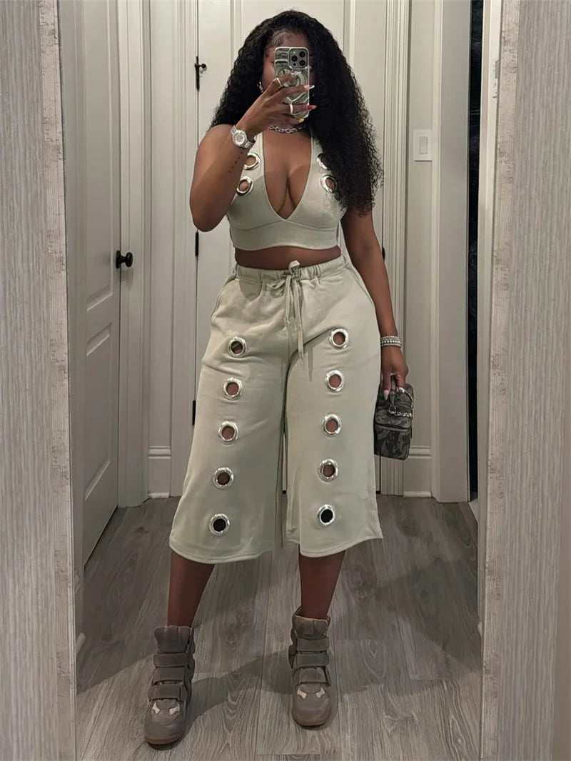 Streetwear 2 Piece Sets for Woman Club Outfits Party Hollow Out Halter V-neck Vest Crop Top and Calf-length Pants Matching Sets