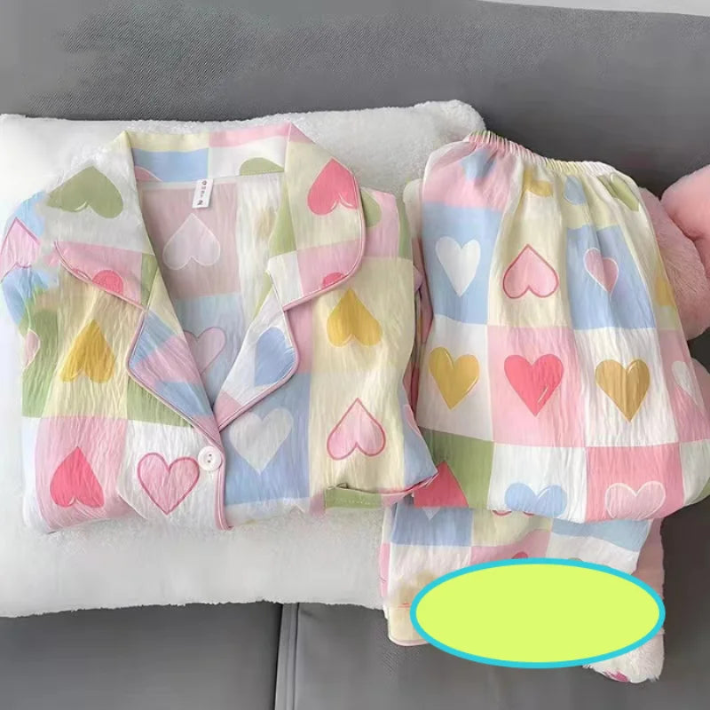 Y2K Colourful Love Plaid Print Women's Pajamas Harajuku Style Sweet Cute Sleepwear Women's New Spring Kawaii 2 Piece Pajamas Set