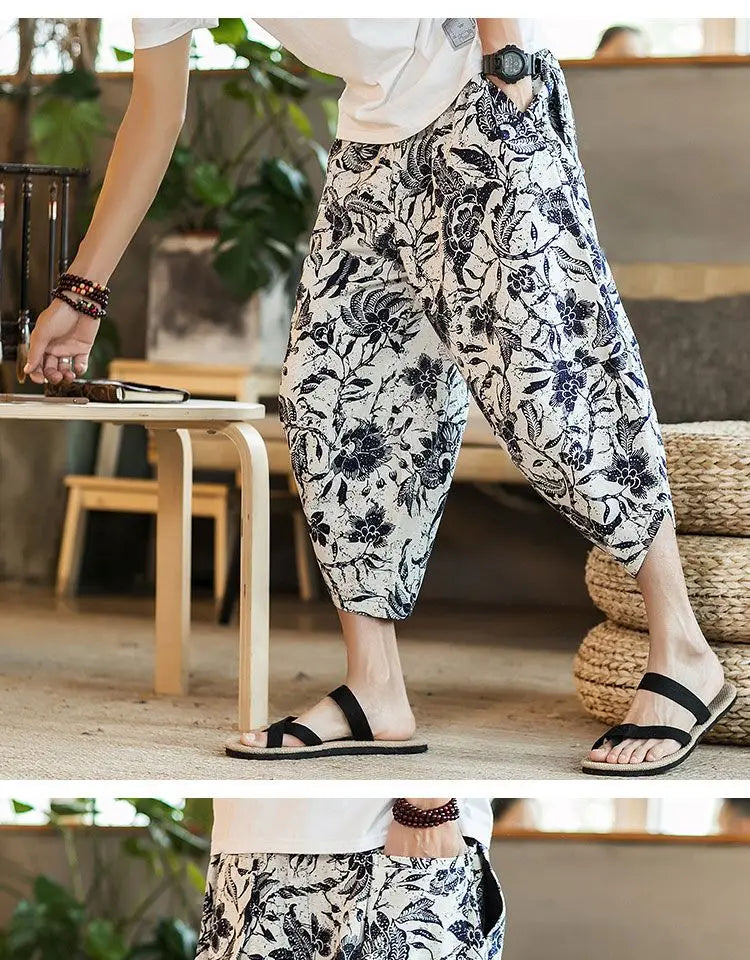 Men's Casual Cotton Linen Seven-Foot Pants Summer plus Size Lantern Loose Fit Shorts Harlan Style Comfortable Breathable Leis...