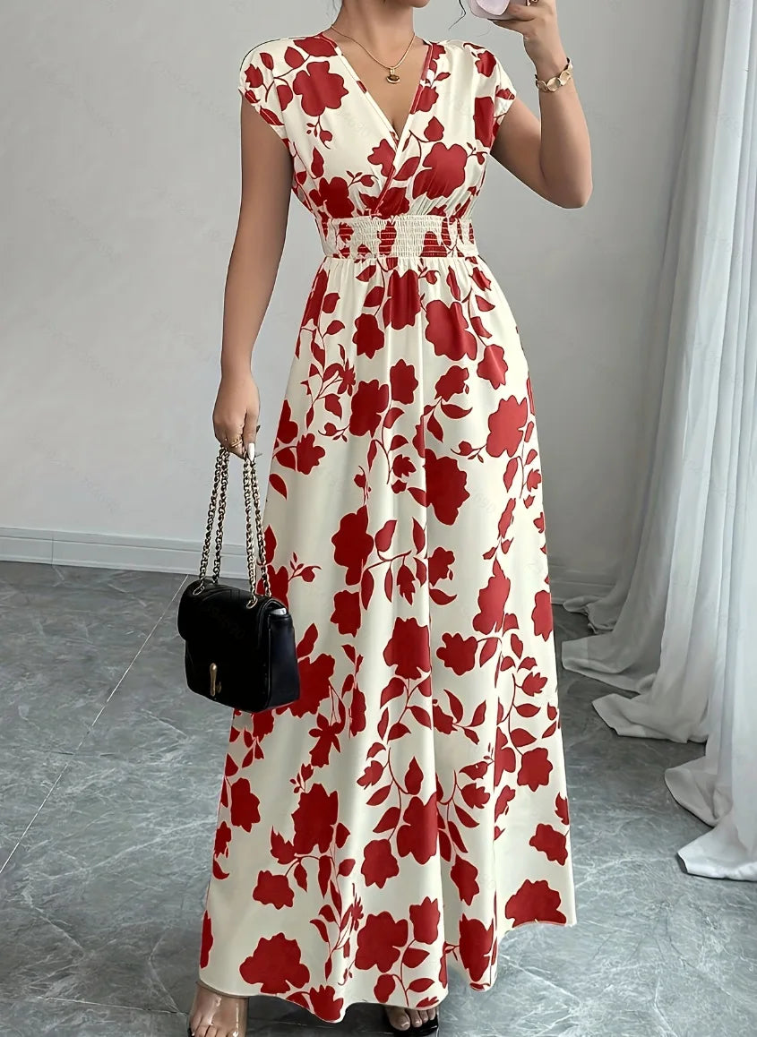 2026 Women's New Fashion Casual Daily Comfortable Elegant Lace-up Floral Print V-neck Short Sleeve Waist Women's Long Dress