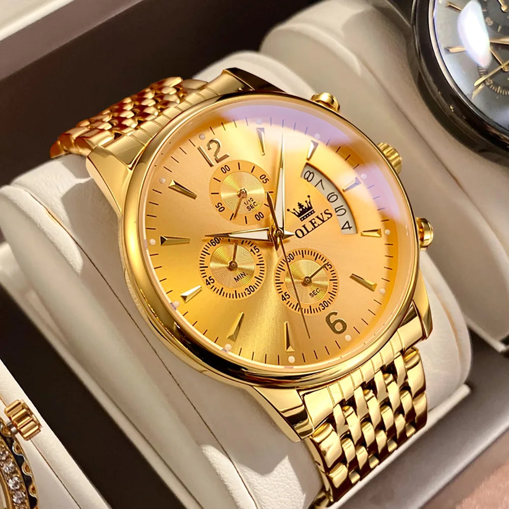 OLEVS Men Watches Top Brand Luxury Watch Waterproof Stainless Steel Men Wristwatch Luminous Quartz Watch Box Gift Set