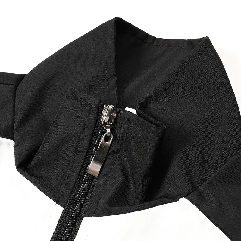 Men Racing Jacket Black White Color-block Stand Collar Zip-up Loose Windbreaker Speed Print Casual Streetwear Jacket Coat