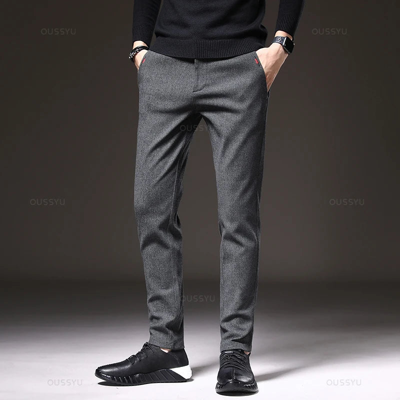 Autumn  Winter New Classic Casual Pants Men Thick Business Korea Slim Fit Stretch Gray Blue Black Brushed Fabric Trousers Male