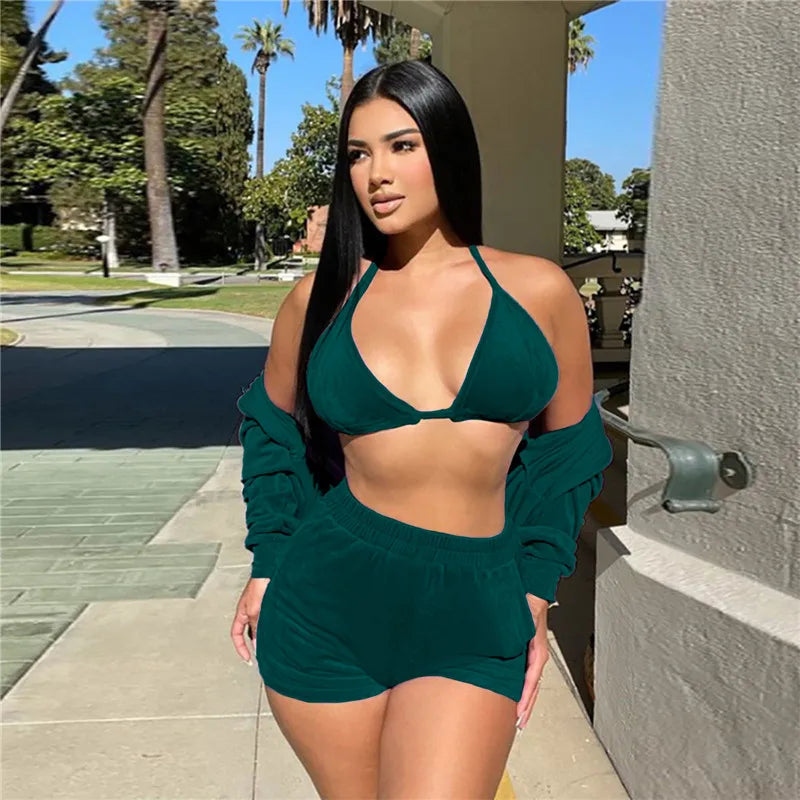 Velvet Tracksuit 3 Piece Set Women Fall Outfits Zipper Hoodies Jacket + Bra + Shorts Sets Sporty Matching Sets Jogging Femme