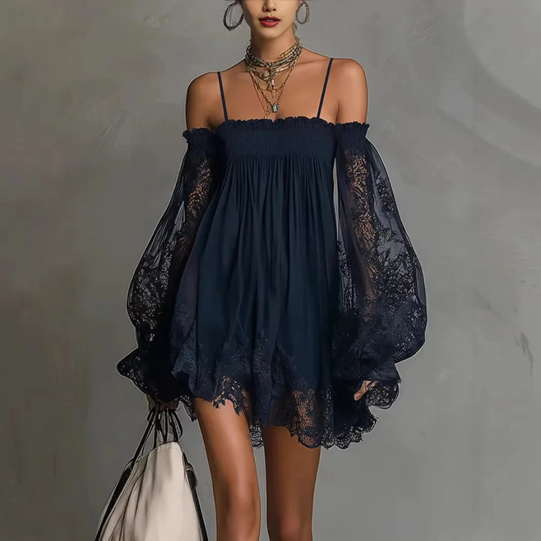 Off Shoulder Women Mini Dress Elegant Suspender Dress Summer Fashion Lace Sheer Long Falre Sleeve Party Evening Chic Dresses