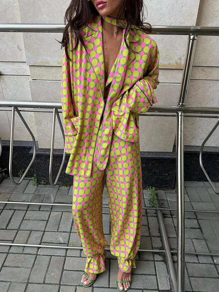 Vintage Polka Dot Women's Pants Sets 2 Pieces Tie Lapel Full Sleeve Blouses Loose Wide Leg Pant 2026 Autumn Lady Vacation Suits