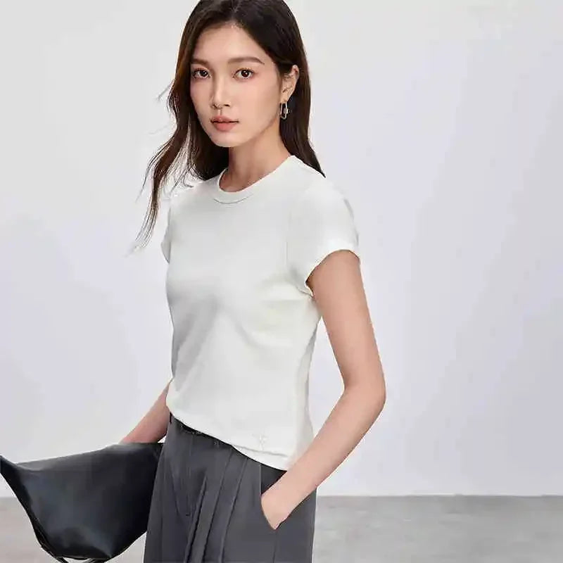 SENTUBILA Solid Color Women's T-shirt 2025 Spring Summer Fashion Embroidery Knit Basic Crewneck Short Sleeve Tops 152T59063