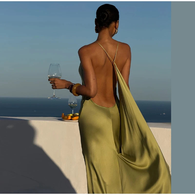 Backless Women Dress Satin Spaghetti Strap Maxi Dresses Back Tail Cowl Drape Front Neck Side Split Hem Elegant Evening Bodycon