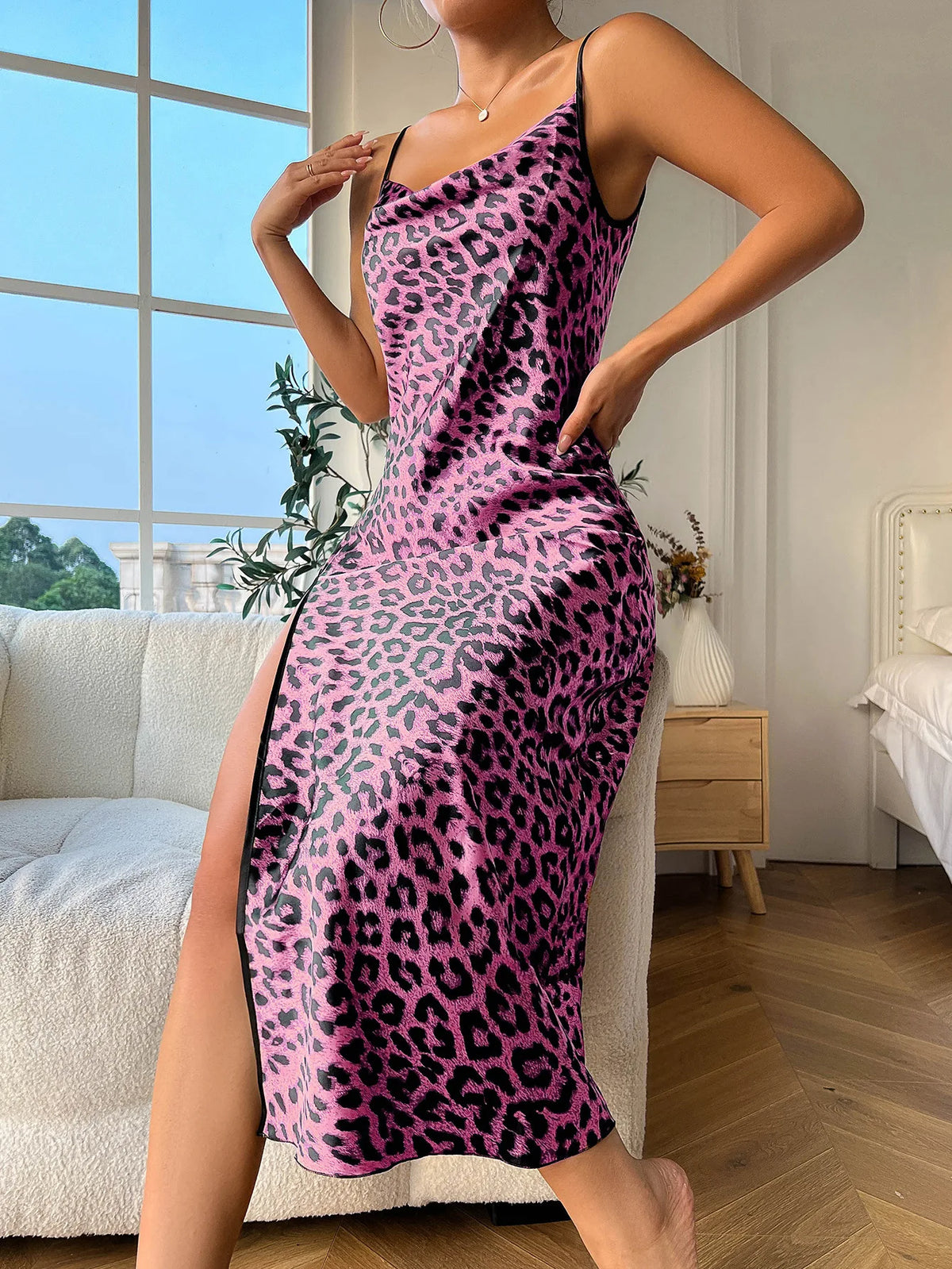 Ice Silk Slip Dress Summer Thin Breathable Silk Like Sexy Leopard Print Women's Backless Split Sling Nightdress