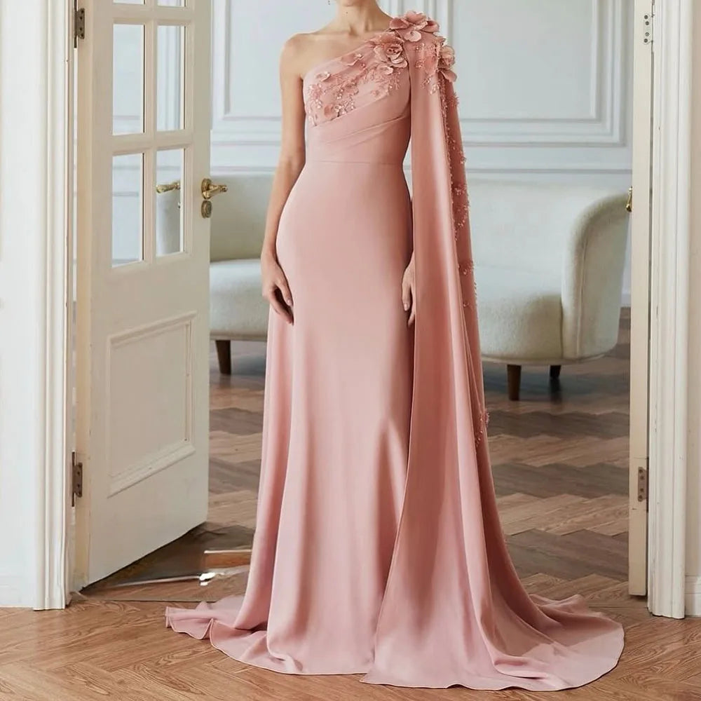 Customized Mermaid Prom Dresses Floor-Length One-Shoulder Sleeveless Evening Gown Fashion Flowers Crystal Stole Party Gown