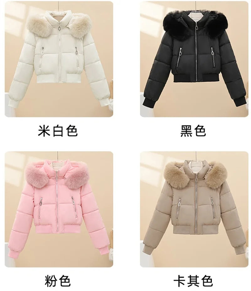 Windproof Warm Long Sleeve Jacket Fit Lady Down Coat Women Winter Cotton Coat Short Fur Collar Hooded Outerwear