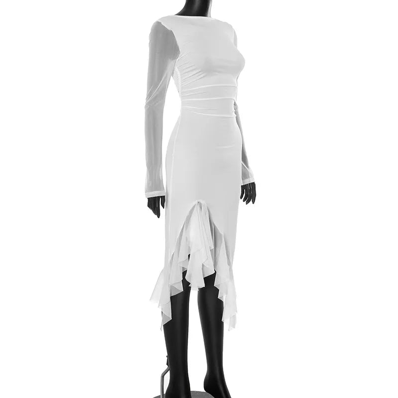 Spring Autumn New Pure Color round Neck Mesh Panel Long Sleeve Slit Lace Trim Sexy Dress Elegant Women's Fashion Skirt