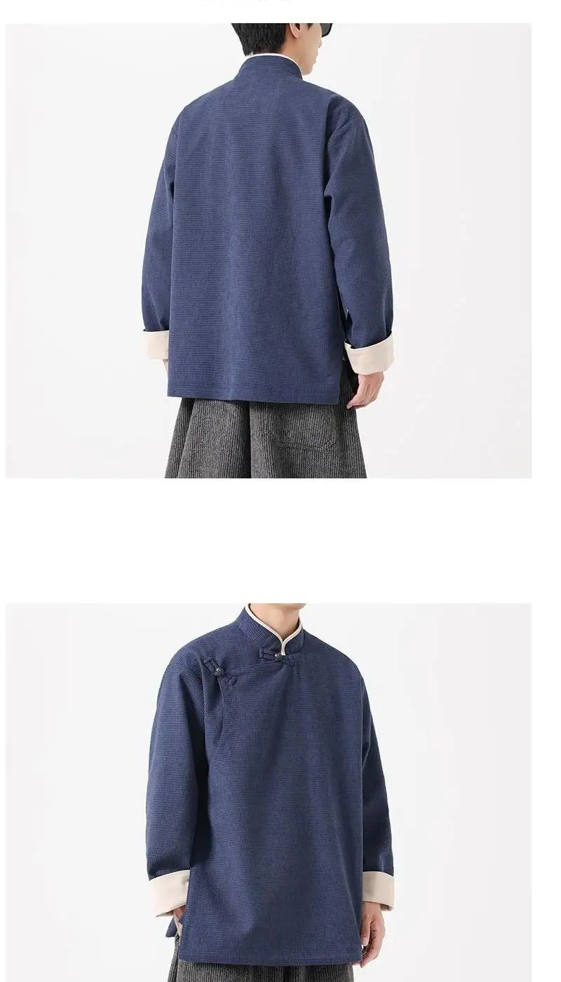Autumn Winter Chinese Style Blouse Long-sleeved Jacket Men's Chinese Tang Suit Hanfu Lay Buddhist Zen Suit Tea Suit Slanted Top
