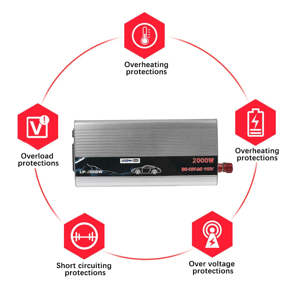 2000W DC/AC Inverter 12V To 110V 220V AC Power Socket With USB Charger Switch Car Inverter Solar Power Storage Battery Converter