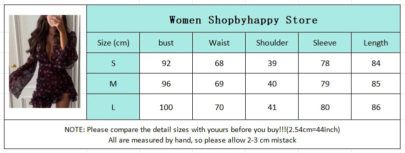 Women Flora Painted Ruffle Mini Dress Elegant Full Sleeve Deep V-neck Slim A-line Vestidos 2026 New Lady Holiday Street Dresses