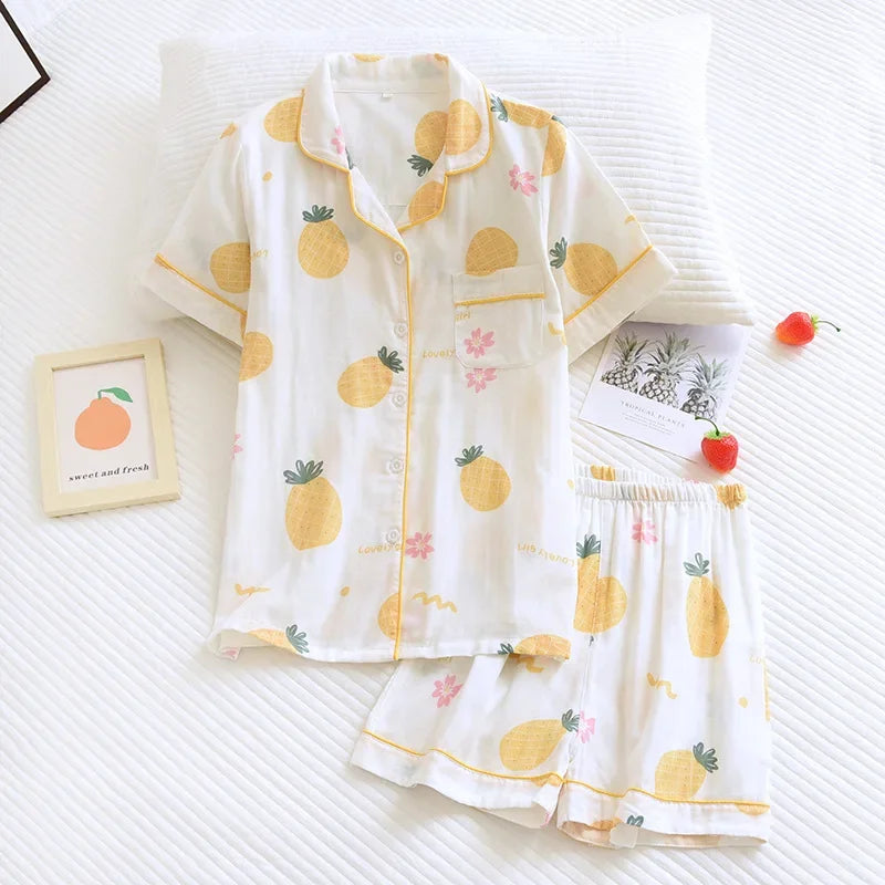 Japanese simple short pyjamas women 100% cotton short sleeves ladies pajama sets shorts Cute cartoon sleepwear women homewear
