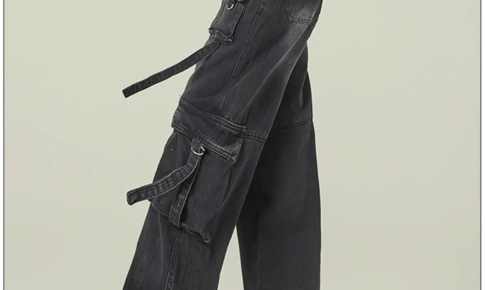 Black Gray Multi Pocket Cargo Jeans Women's Y2K Gothic Baggy Harajuku Oversize Denim Trousers Washed Straight Leg Wide Leg Pants