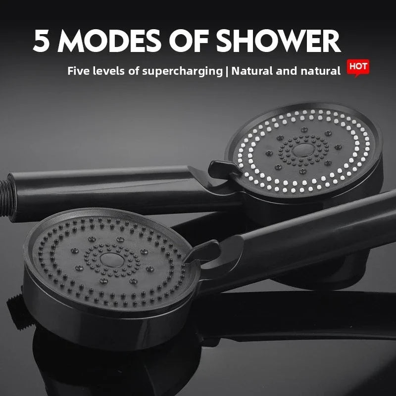 High-Pressure Handheld Shower Head with Stand and Hose - 5 Adjustable Water Flow Modes, Round Plastic Bathroom Accessory