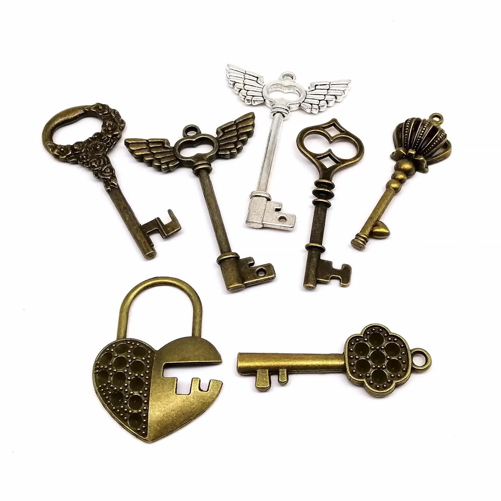 10pcs Old Looking Old-fashioned Decorative Vintage Key Steampunk Charms Pendant Jewelry Making Antique Brass Bronze Silver