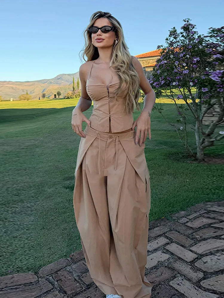 Women 2 Piece Pant Sets Women Khaki Spaghetti Strap Corset Cami Top Pocket Wide Leg Cargo Pants 2026 Matching Vacation Outfits