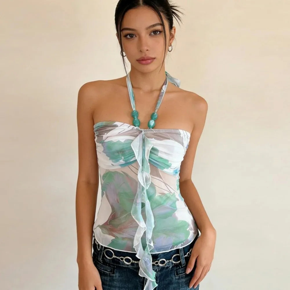 SylCue Colorful Print Camisole Tops Woman Beads Decoration Halter Backless Ruffles Tassel Sweet Girls Y2K Style Elegant Tops