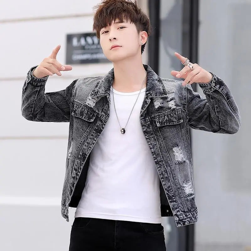Ripped Button Men's Denim Jacket Washed Branded of Fabric Trendy Casual Original Aesthetic Fashion Male Jean Coats Fast Delvery
