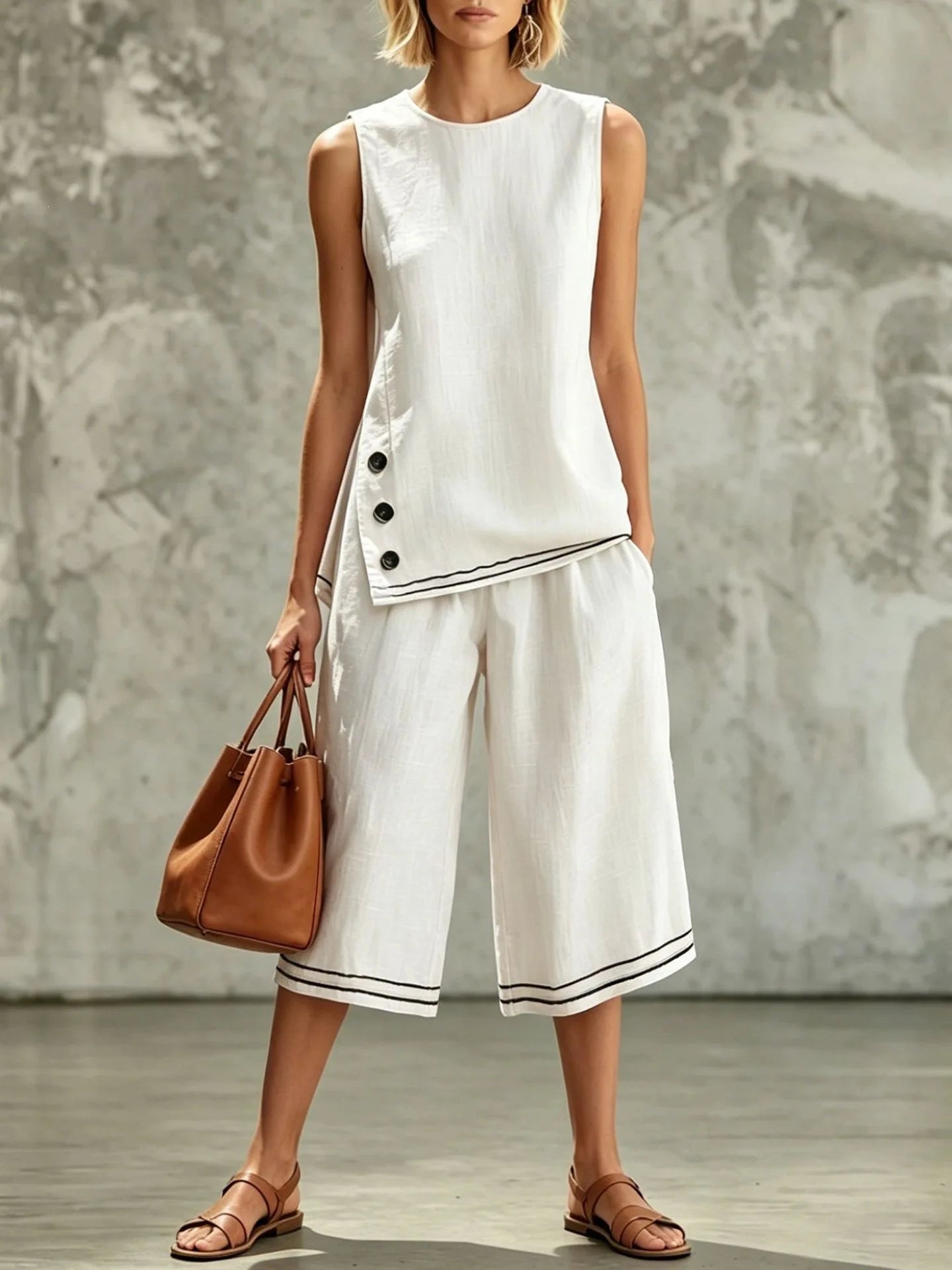 2026 New Women Two-Piece Set Cotton Linen Sleeveless Vest ＆ Capri Wide Leg Pants Suit Summer Chic 2 Piece Sets Women's Outfits