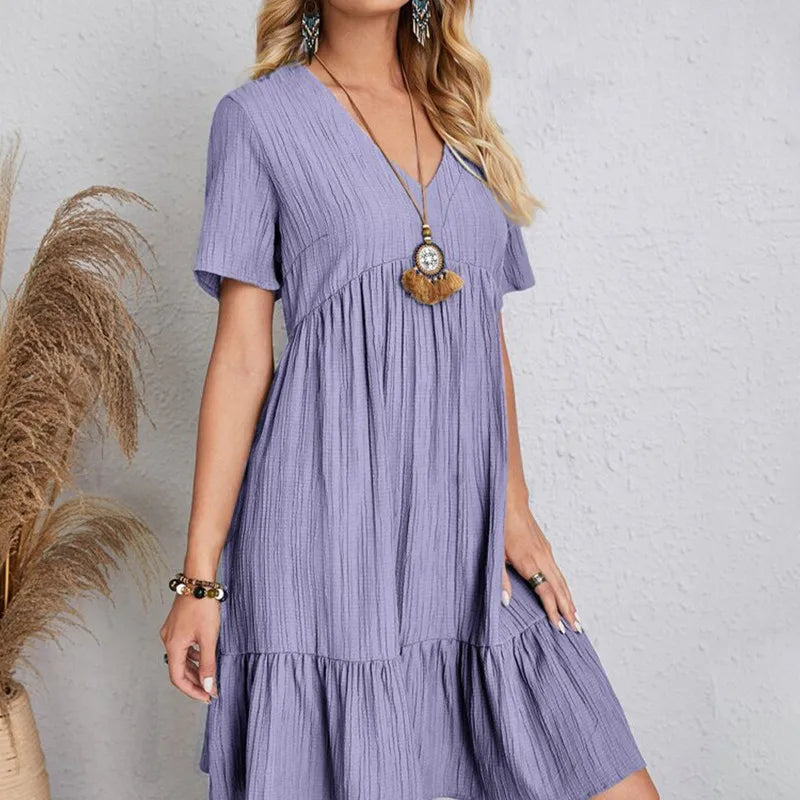 2023 Faion Women's Casual Dr Skirt Lady's Clothing Polyester Fiber A-Line Skirt ort Sve V-Ne Loose Waist Summer D...