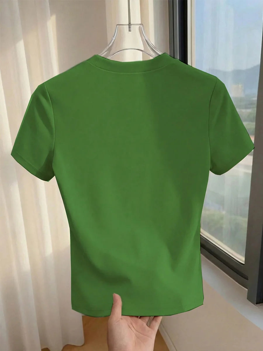 Fashionable Short Sleeve T-Shirt Women's Slim Fit Solid Color Summer 2026 Casual round Neck Polyester Blend Top